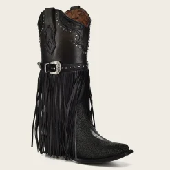 Women Cuadra Western Boots-Black Exotic Leather Fringed Cowboy Boot