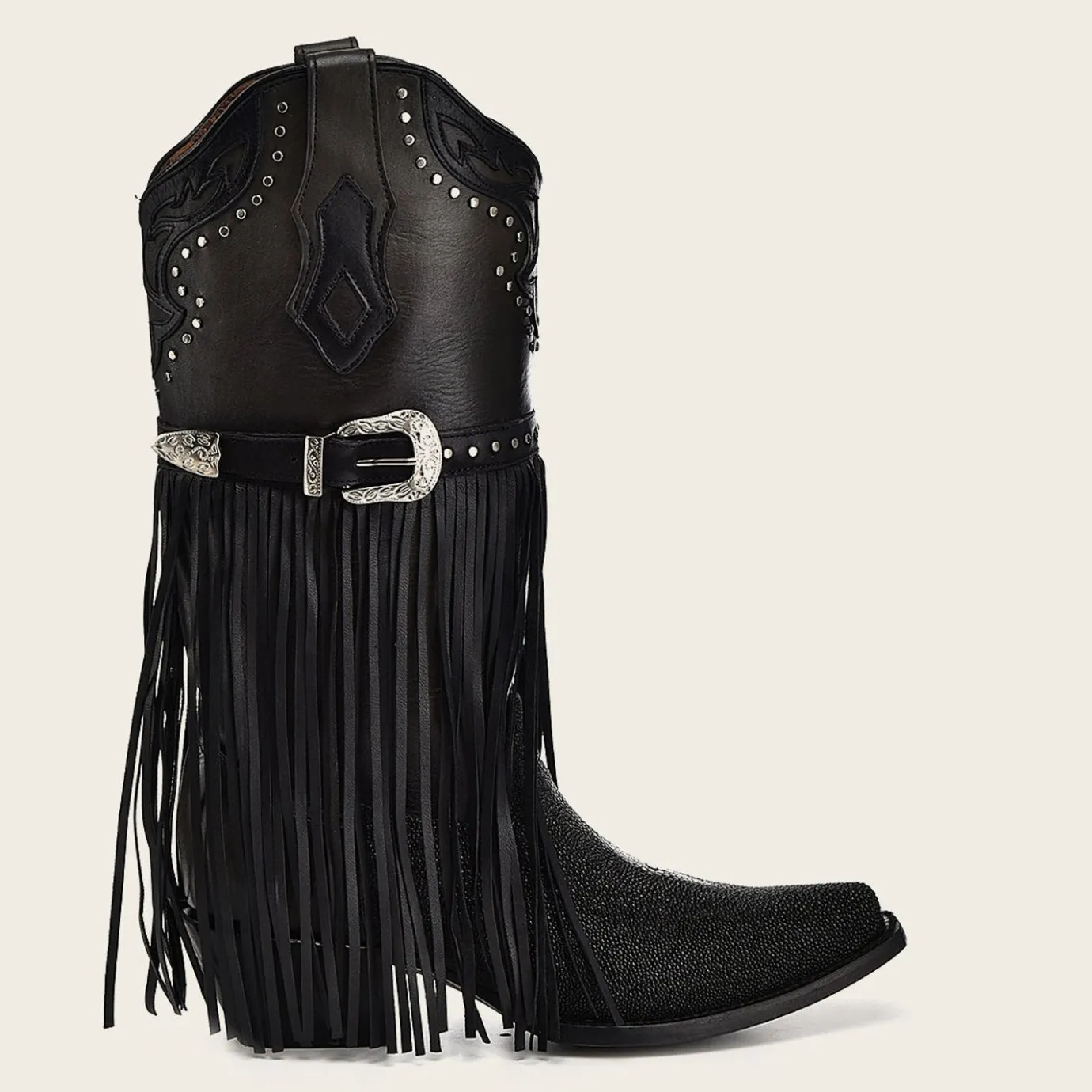 Women Cuadra Western Boots-Black Exotic Leather Fringed Cowboy Boot