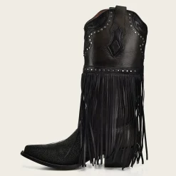 Women Cuadra Western Boots-Black Exotic Leather Fringed Cowboy Boot