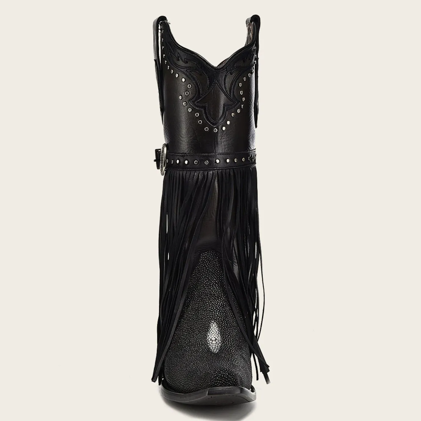 Women Cuadra Western Boots-Black Exotic Leather Fringed Cowboy Boot