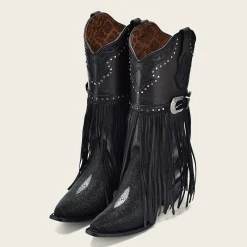 Women Cuadra Western Boots-Black Exotic Leather Fringed Cowboy Boot