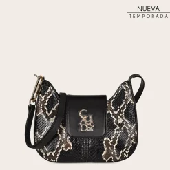 Women Cuadra Crossbody Bags-Black Exotic Leather Shoulder Bag With Handmade Interweaving Detail