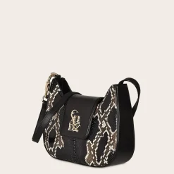 Women Cuadra Crossbody Bags-Black Exotic Leather Shoulder Bag With Handmade Interweaving Detail