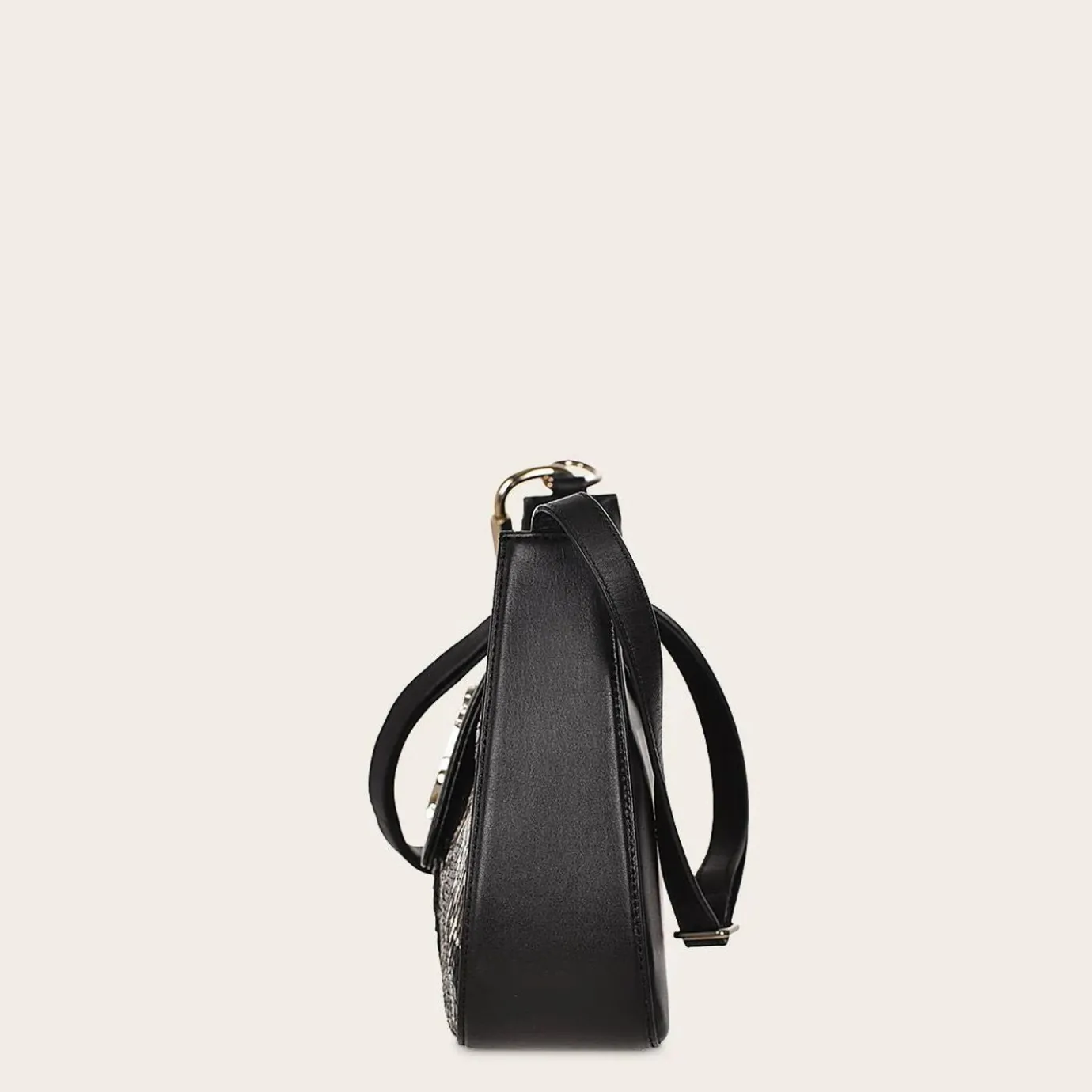 Women Cuadra Crossbody Bags-Black Exotic Leather Shoulder Bag With Handmade Interweaving Detail