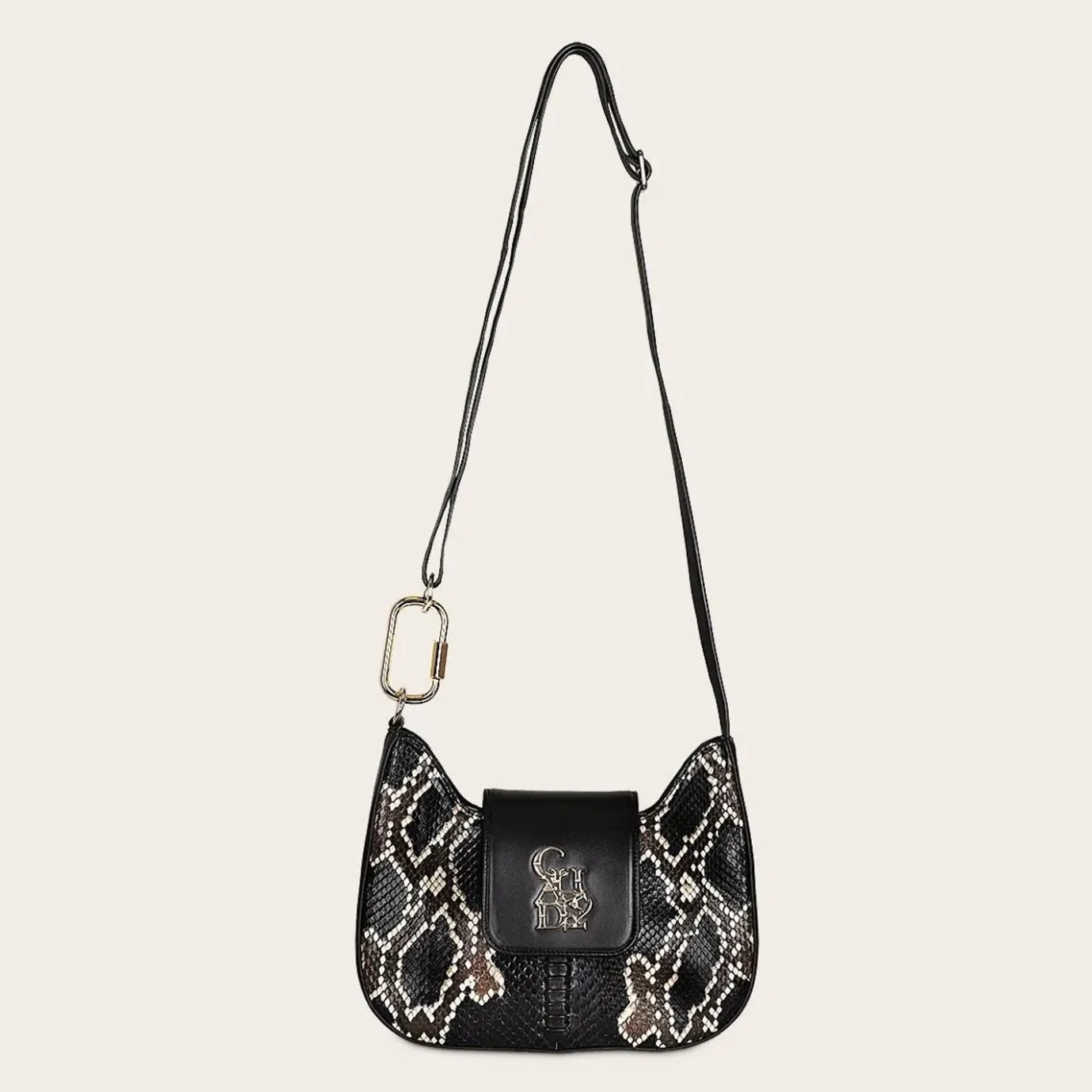 Women Cuadra Crossbody Bags-Black Exotic Leather Shoulder Bag With Handmade Interweaving Detail