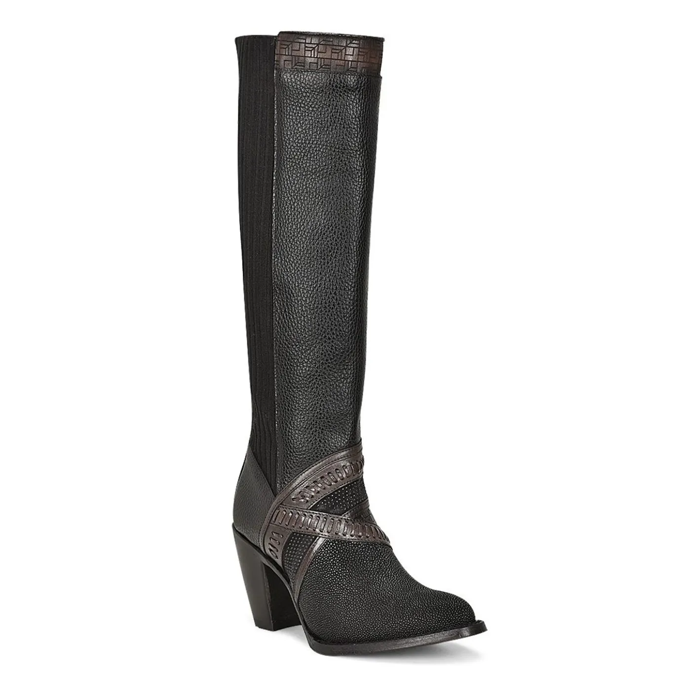 Women Cuadra Tall & Knee-High Boots-Black Exotic Riding Boot With Hand-Woven Details