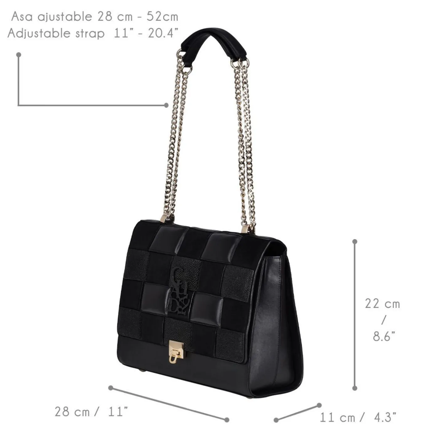 Women Cuadra Crossbody Bags-Black Genuine Exotic Leather Handbag With Chain Strap
