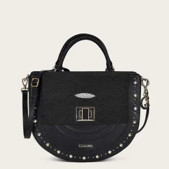 Women Cuadra Crossbody Bags-Black Genuine Stingray Leather Studs Handbag