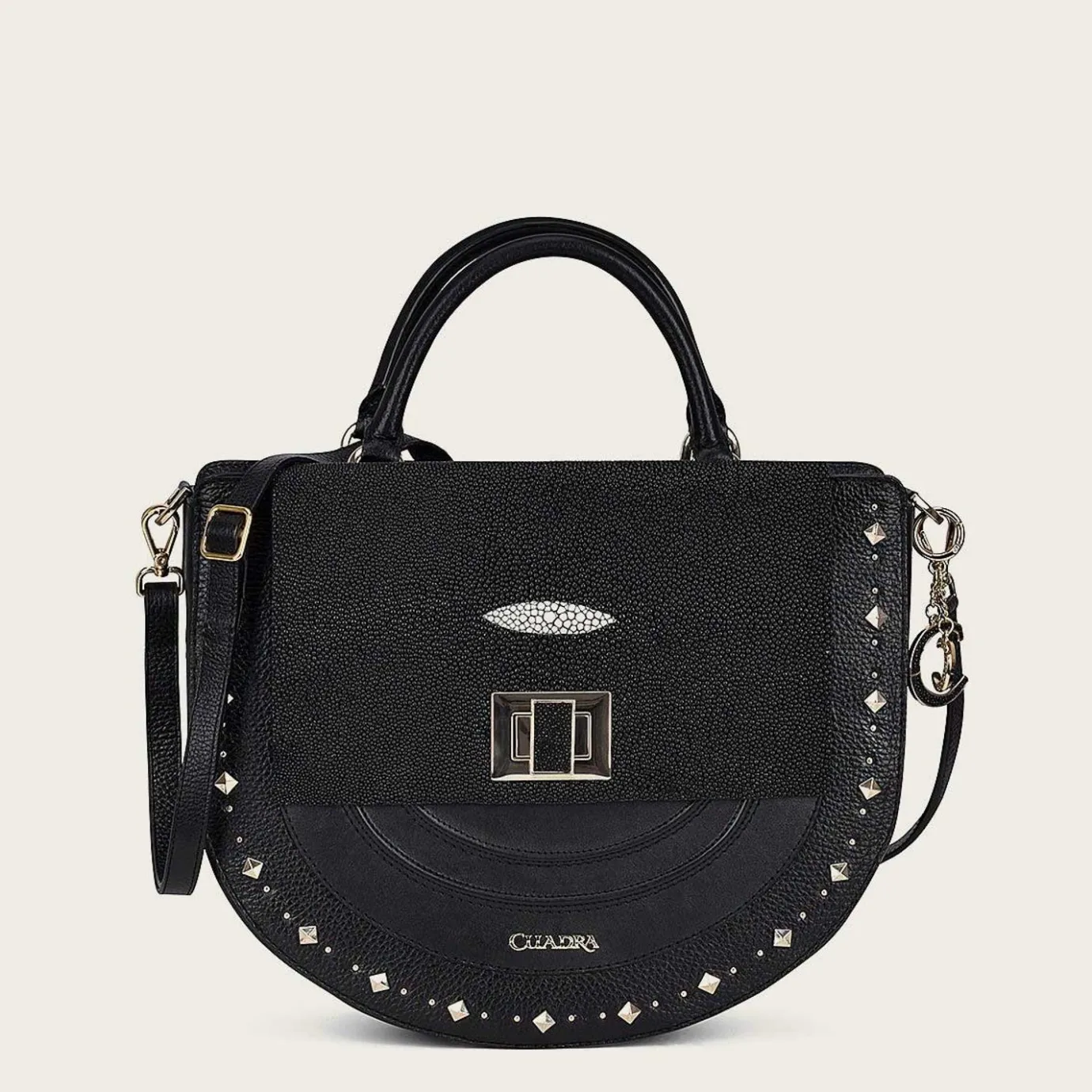 Women Cuadra Crossbody Bags-Black Genuine Stingray Leather Studs Handbag