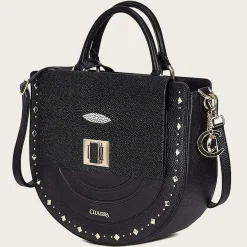 Women Cuadra Crossbody Bags-Black Genuine Stingray Leather Studs Handbag