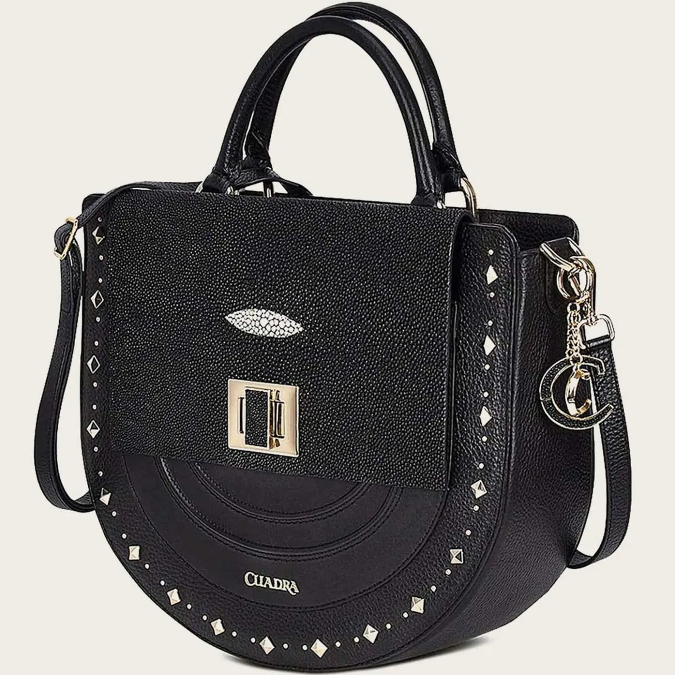 Women Cuadra Crossbody Bags-Black Genuine Stingray Leather Studs Handbag