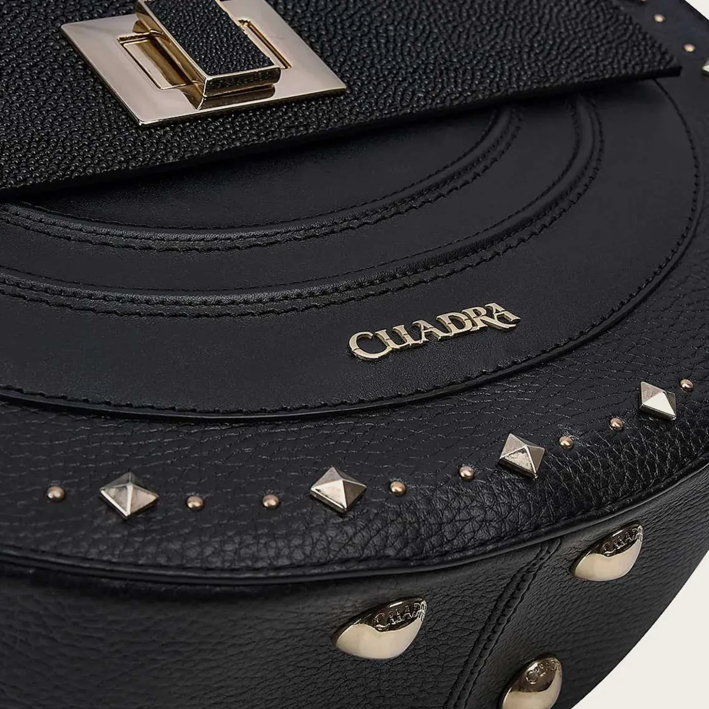 Women Cuadra Crossbody Bags-Black Genuine Stingray Leather Studs Handbag