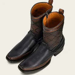 Men Cuadra Urban & Casual Boots-Black Hand-Painted Engraved Leather Boots With Geometric Patterns