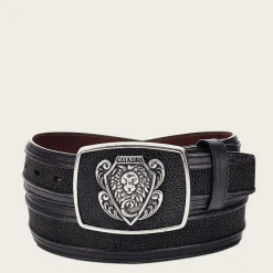 Men Cuadra Belts-Black Leather Western Belt With Genuine Stingray Leather