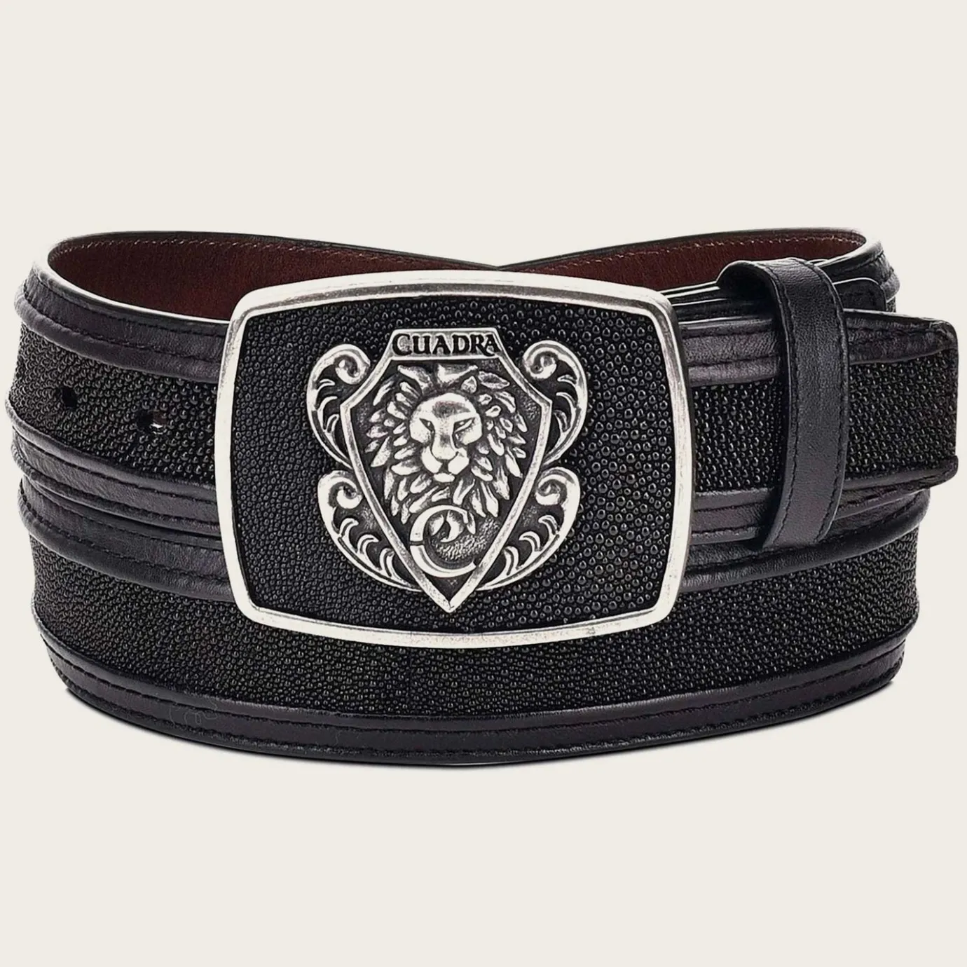 Men Cuadra Belts-Black Leather Western Belt With Genuine Stingray Leather
