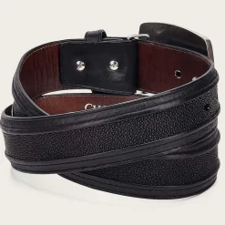 Men Cuadra Belts-Black Leather Western Belt With Genuine Stingray Leather