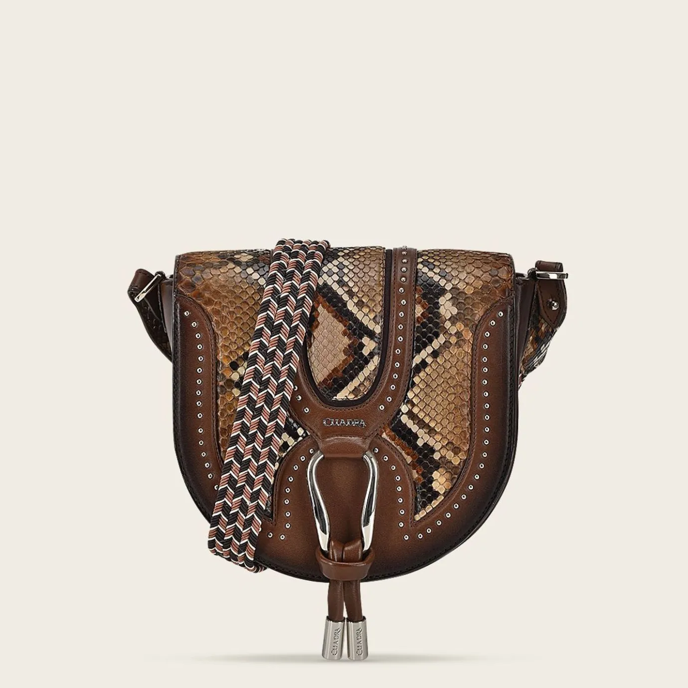 Women Cuadra Crossbody Bags-Brown Exotic Leather Crossbody Bag With Studs