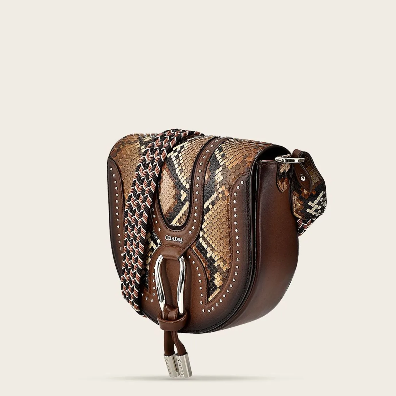 Women Cuadra Crossbody Bags-Brown Exotic Leather Crossbody Bag With Studs