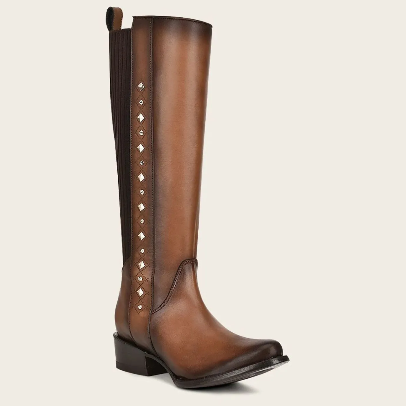 Women Cuadra Tall & Knee-High Boots-Brown High Boot With Laser Engraving And Studs