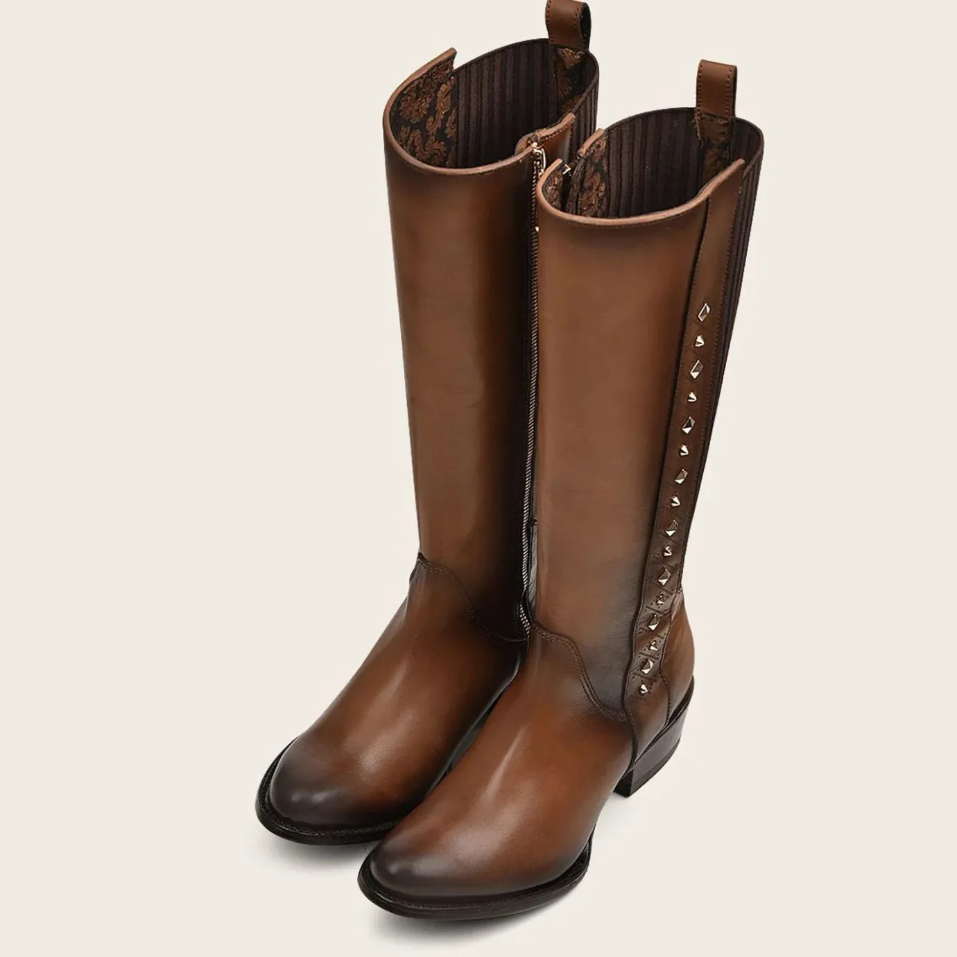 Women Cuadra Tall & Knee-High Boots-Brown High Boot With Laser Engraving And Studs