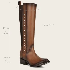 Women Cuadra Tall & Knee-High Boots-Brown High Boot With Laser Engraving And Studs
