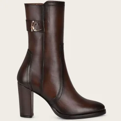 Women Cuadra Ankle Boots & Booties-Brown Leather Bootie With Metallic Symbol