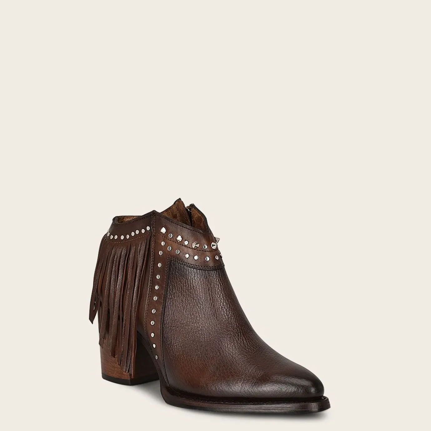 Women Cuadra Ankle Boots & Booties-Brown Leather Bootie With Metal Studs And Leather Fringes