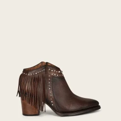 Women Cuadra Ankle Boots & Booties-Brown Leather Bootie With Metal Studs And Leather Fringes