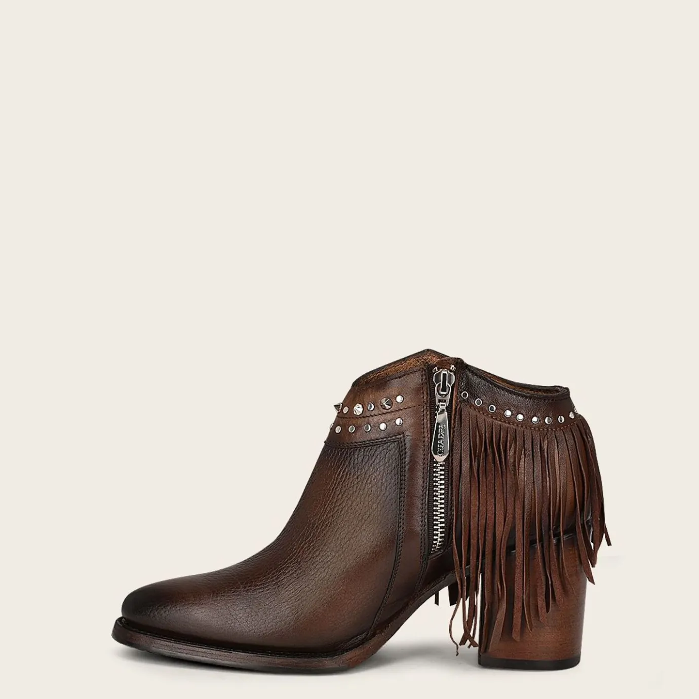 Women Cuadra Ankle Boots & Booties-Brown Leather Bootie With Metal Studs And Leather Fringes