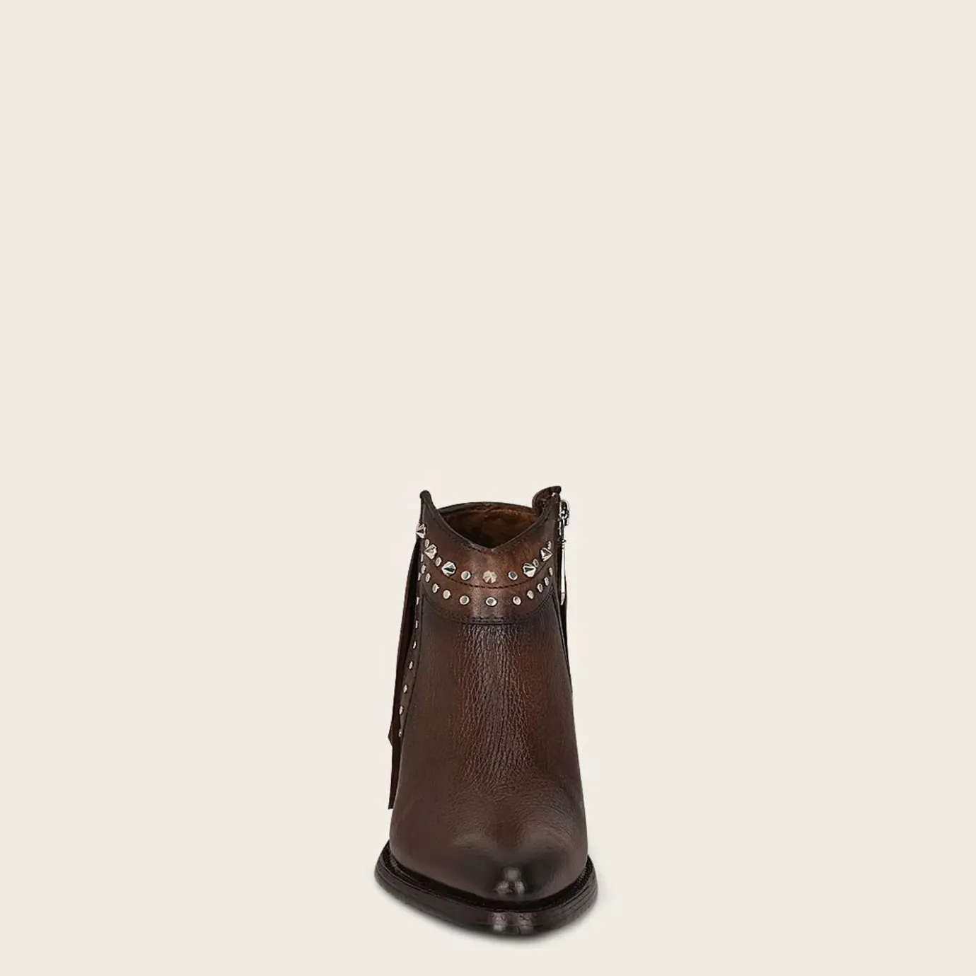 Women Cuadra Ankle Boots & Booties-Brown Leather Bootie With Metal Studs And Leather Fringes