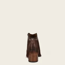 Women Cuadra Ankle Boots & Booties-Brown Leather Bootie With Metal Studs And Leather Fringes