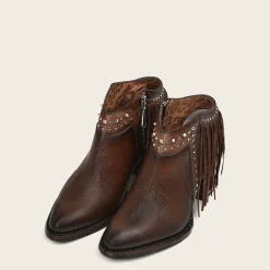 Women Cuadra Ankle Boots & Booties-Brown Leather Bootie With Metal Studs And Leather Fringes