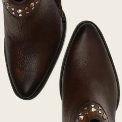 Women Cuadra Ankle Boots & Booties-Brown Leather Bootie With Metal Studs And Leather Fringes