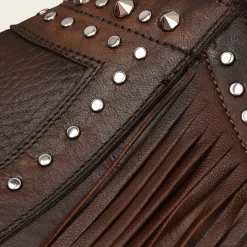 Women Cuadra Ankle Boots & Booties-Brown Leather Bootie With Metal Studs And Leather Fringes
