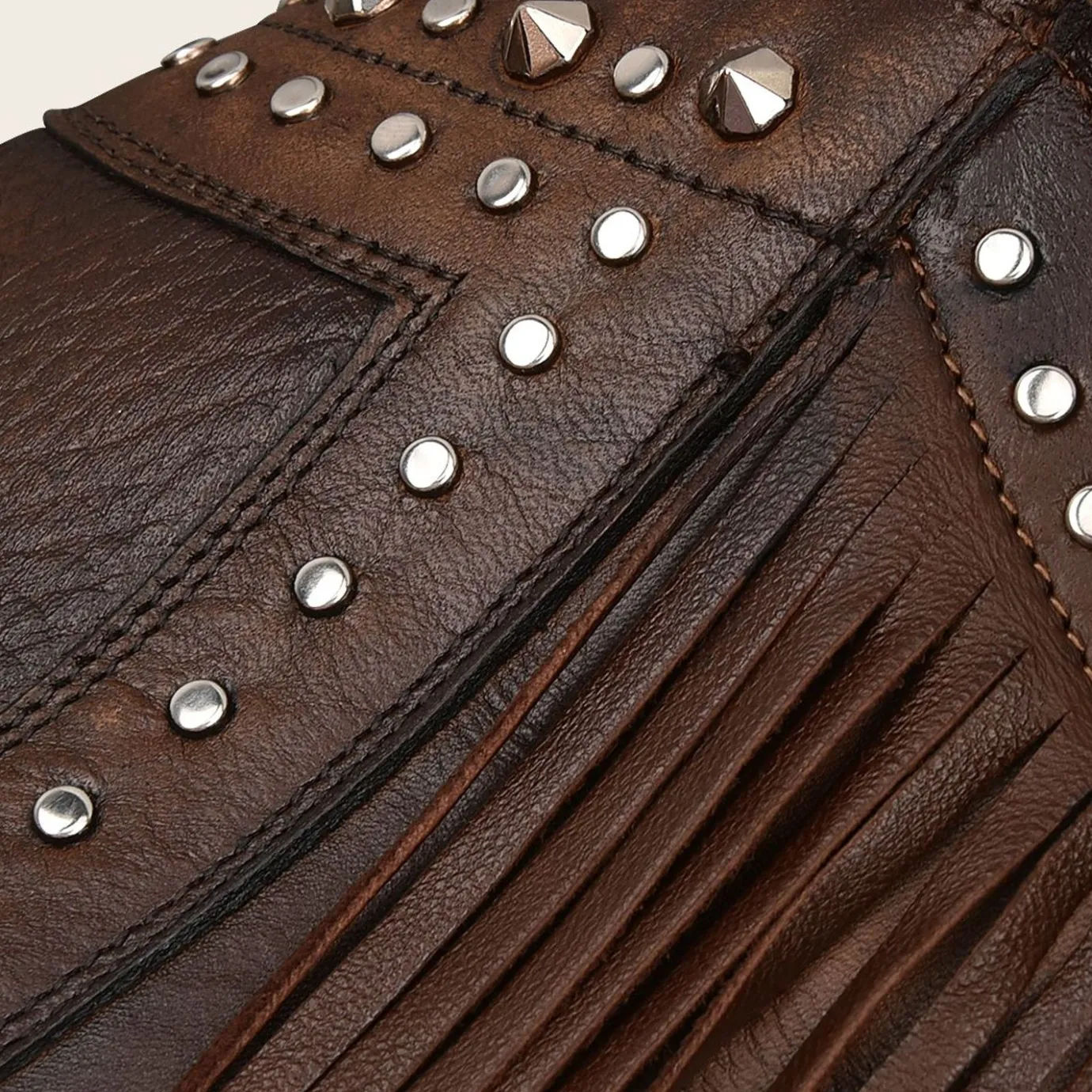 Women Cuadra Ankle Boots & Booties-Brown Leather Bootie With Metal Studs And Leather Fringes