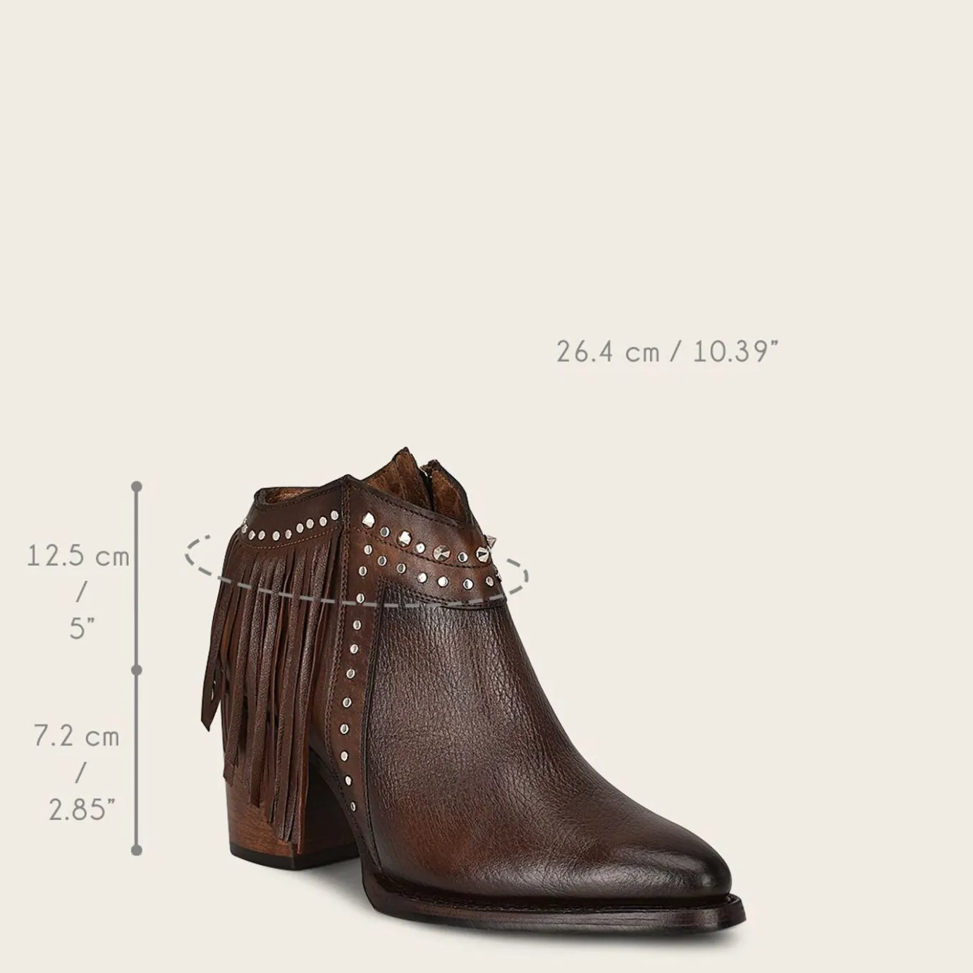 Women Cuadra Ankle Boots & Booties-Brown Leather Bootie With Metal Studs And Leather Fringes