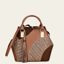 Women Cuadra Top Handle & Satchel Bags-Brown Leather Tote Bag With Contrasting Geometric Motifs