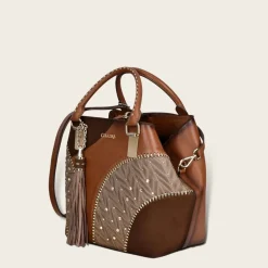 Women Cuadra Top Handle & Satchel Bags-Brown Leather Tote Bag With Contrasting Geometric Motifs
