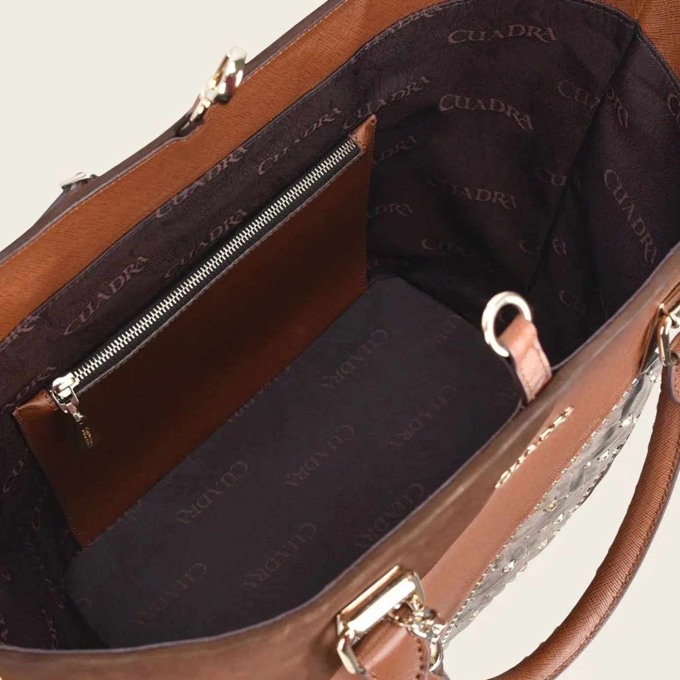 Women Cuadra Top Handle & Satchel Bags-Brown Leather Tote Bag With Contrasting Geometric Motifs