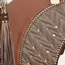 Women Cuadra Top Handle & Satchel Bags-Brown Leather Tote Bag With Contrasting Geometric Motifs