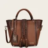 Women Cuadra Top Handle & Satchel Bags-Brown Leather Tote Bag With Handmade Fabric Application