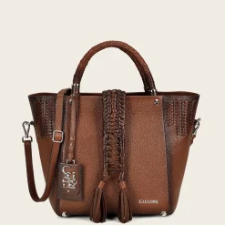 Women Cuadra Top Handle & Satchel Bags-Brown Leather Tote Bag With Handmade Fabric Application