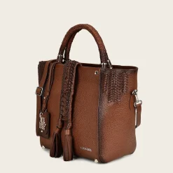 Women Cuadra Top Handle & Satchel Bags-Brown Leather Tote Bag With Handmade Fabric Application