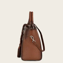 Women Cuadra Top Handle & Satchel Bags-Brown Leather Tote Bag With Handmade Fabric Application