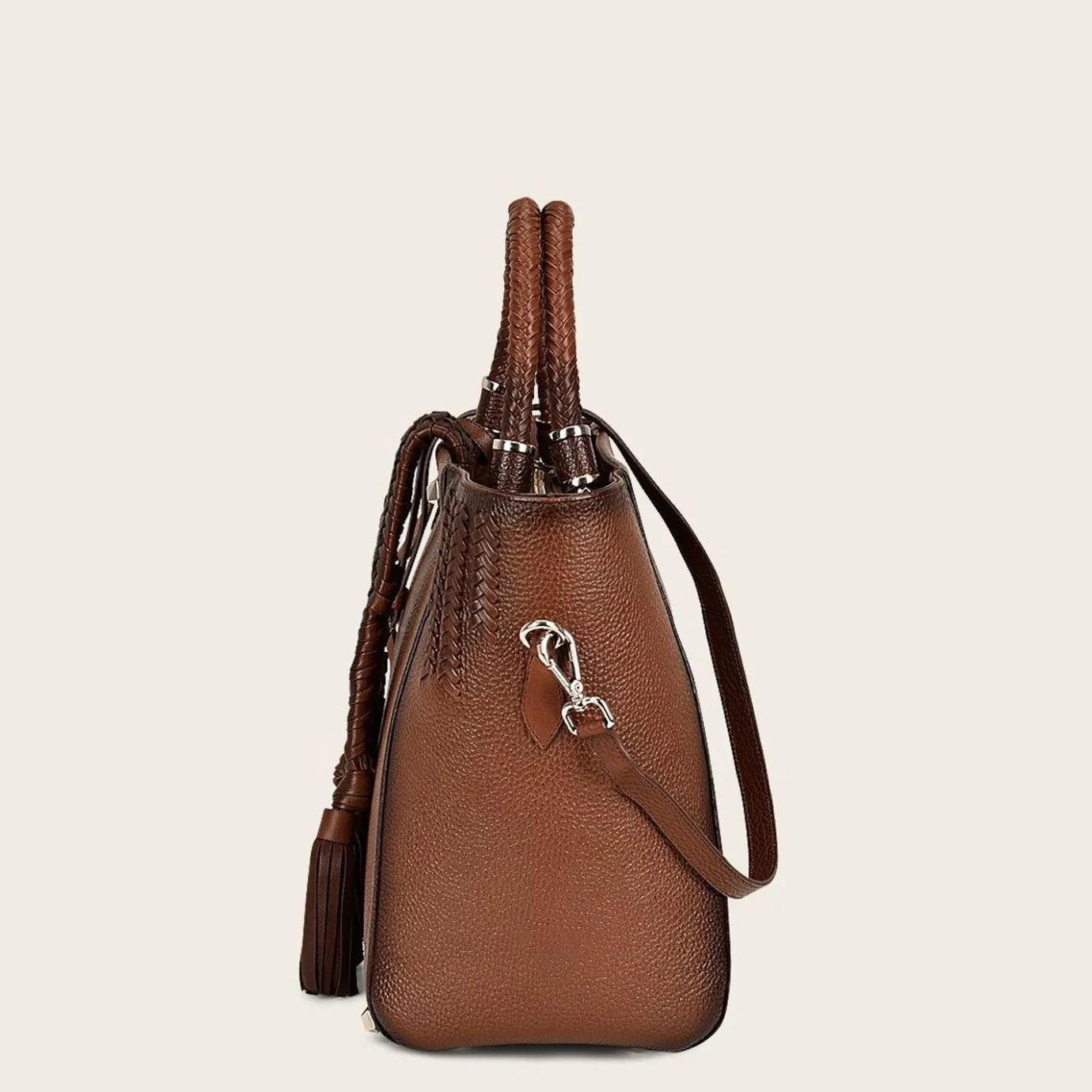 Women Cuadra Top Handle & Satchel Bags-Brown Leather Tote Bag With Handmade Fabric Application