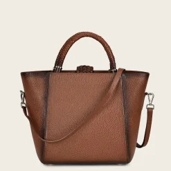Women Cuadra Top Handle & Satchel Bags-Brown Leather Tote Bag With Handmade Fabric Application