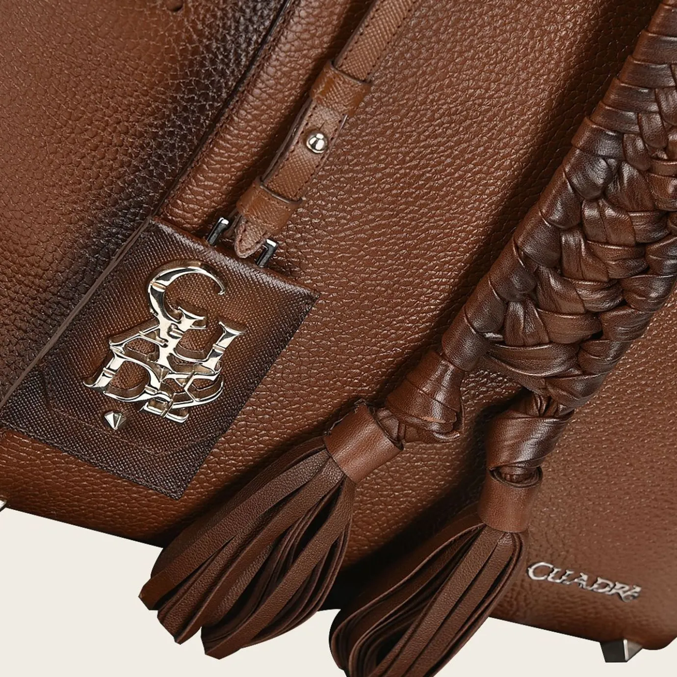 Women Cuadra Top Handle & Satchel Bags-Brown Leather Tote Bag With Handmade Fabric Application