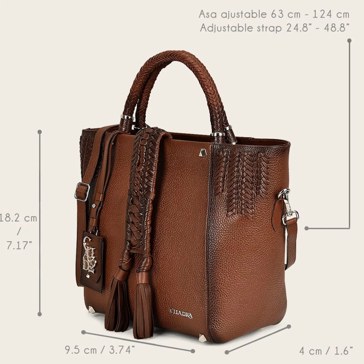 Women Cuadra Top Handle & Satchel Bags-Brown Leather Tote Bag With Handmade Fabric Application