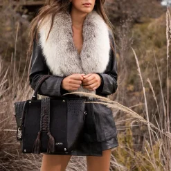 Women Cuadra Top Handle & Satchel Bags-Brown Leather Tote Bag With Handmade Fabric Application