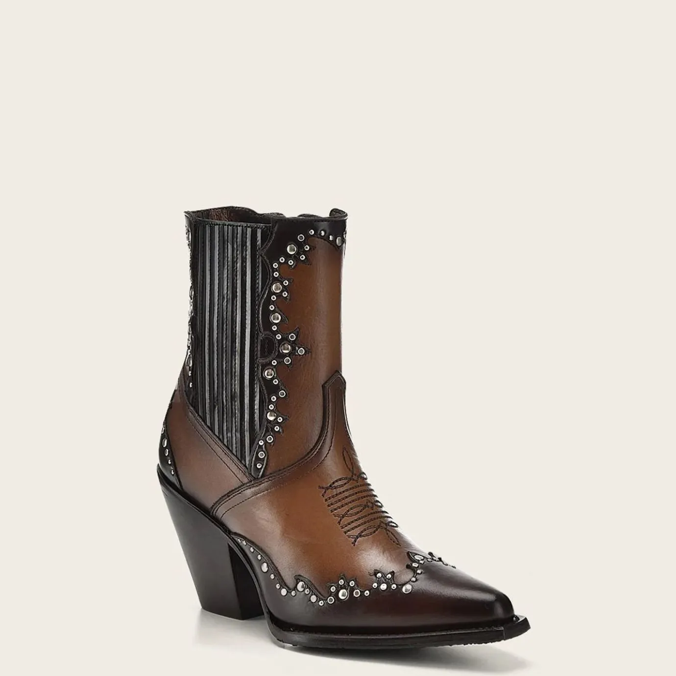 Women Cuadra Ankle Boots & Booties-Brown Leather Western Style Bootie With Studs